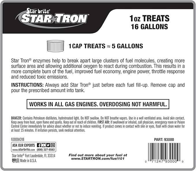 Star Tron Enzyme Fuel Treatment Concentrate, 128 Fl. Oz. – Treats up to 2,048 Gallons – Rejuvenate & Stabilize Old Gasoline, Cure Ethanol Problems, Improve MPG, Reduce Emissions, Increase Horsepower
