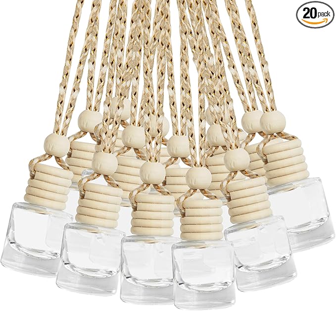 ESEWALAS 20 Pcs Car Air Fresheners, Hanging Diffuser Empty Glass Perfume Bottles, Aromatherapy Fragrance Perfume Pendant Glass Vials for Car Decor