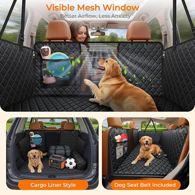 URPOWER Backseat Extender for Dogs - Hard Bottom Dog Car Seat Cover for Back Seat, Dog Hammock for Car and SUV, Pet Rear Seat Protector Dogs Travel Bed with Mesh Window & Side Flaps
