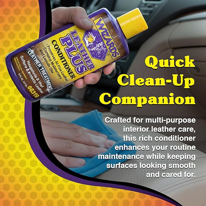 Wizards Leather Plus Leather Conditioner - Moisturizing Car Leather Seat Cleaner and Conditioner - Cleans, Conditions and Protects Leather, Naugahyde and Vinyl Car Accessories - 8 oz - Made in USA