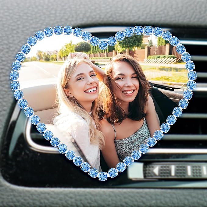 Personalized Car Air Freshener with Photo – Custom Rhinestone Vent Clip & Heart-Shaped Acrylic Picture Frame for Car Interior Decoration Accessories (Blue, One Size)
