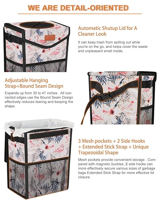 Car Trash Can with Lid, Cute Leakproof Car Trash Garbage Bag Hanging Vehicle Trash Bin Small Portable Automotive Garbage Cans Organizer for Back/Front Seat(Trapezoid,Flamingo Print