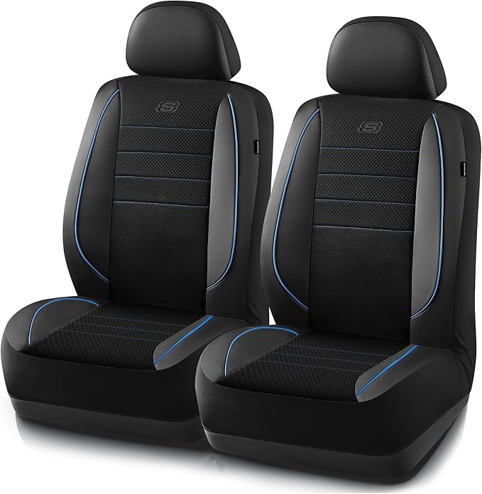 Skechers Air-Cooled Memory Foam Seat Covers,Mesh Thick Car Seat Covers,Piping Leather Car Seat Covers Front Seats,Airbag Compatible,Automotive Comfort Universal Fit Most Cars,Vans,Truck,SUV,Blue