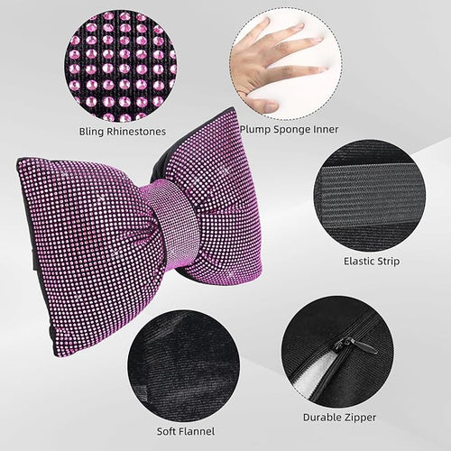 2 PCS Bling Car Pillows,Rhinestones Bowknot Car Headrest Pillow,Car Neck Pillow for Driver Relax Necksupport,Sleeping Travel Support Neck Pillow,Shiny Diamond Interior Accessories for Women,Pink