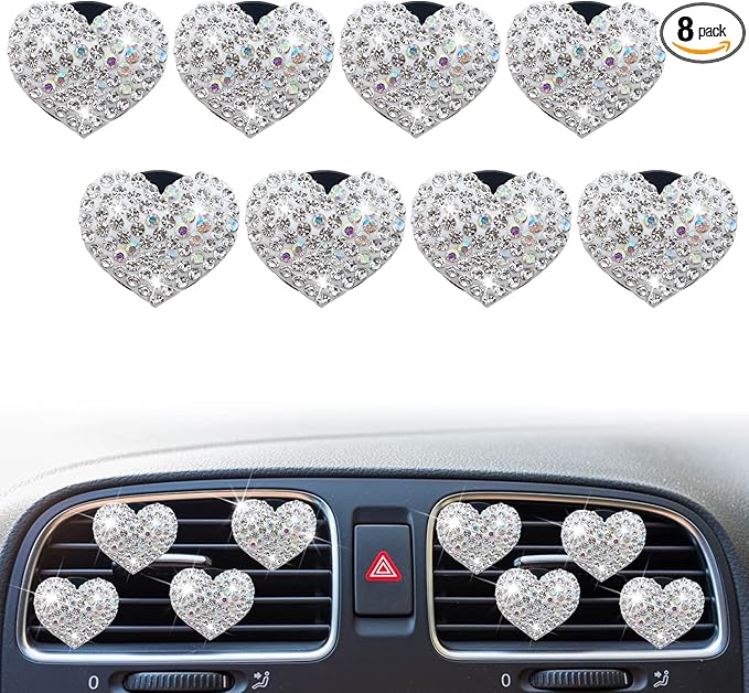 8 Pcs Bling Heart Air Vent Clips, Crystal Car Fresheners, Diffuser With Rhinestone Decoration, Cute Interior Accessories for Women Girls (Silver)