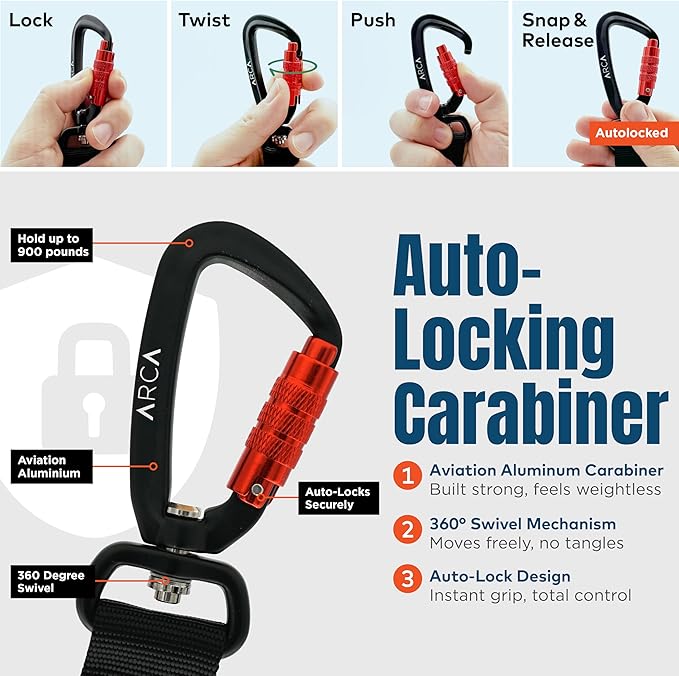 Dog Seat Belt for Car | Universal Pet Car Seatbelt with Reflective Climbing Rope, Aviation Aluminum Carabiner with 360° Swivel & Auto-Lock, Secure Safety Restraint (Carbon Black 360°)