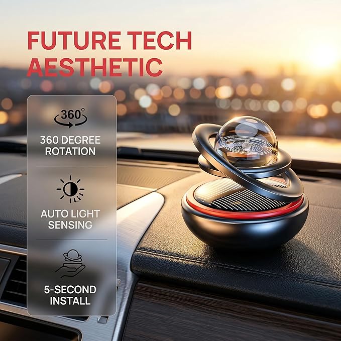 Petraero Solar Levitating Car Ornament & Air Freshener – Dual-Ring Auto-Rotating Aromatherapy Diffuser, Light-Sensing LED, Cool Dashboard Decor for Car/Truck/Desk (black)