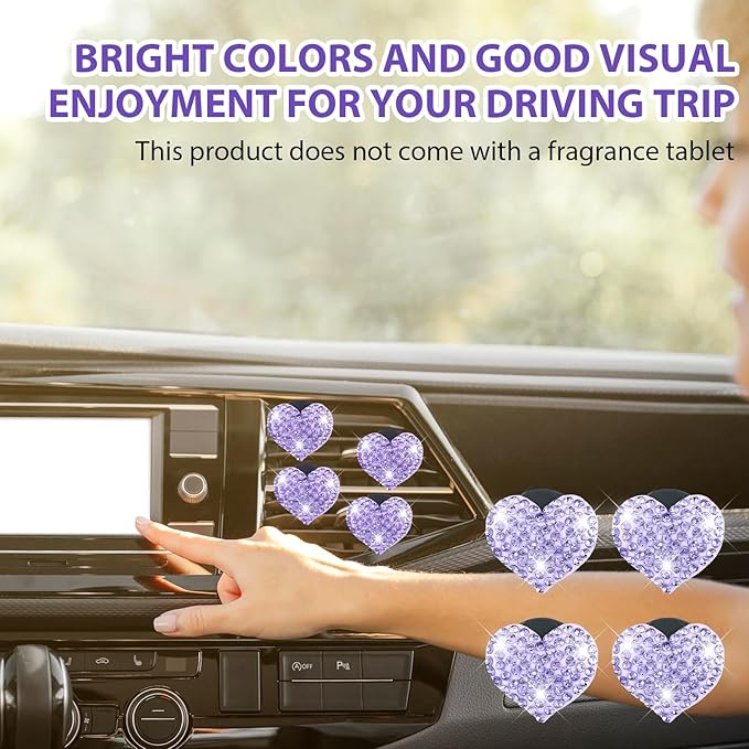 4Pcs Bling Heart Air Vent Clips, Universal Car Air Conditioning Fresh Clip, Sparkling Heart Car Vent Clips, Decorative Purple Cars Accessories for All Vehicles