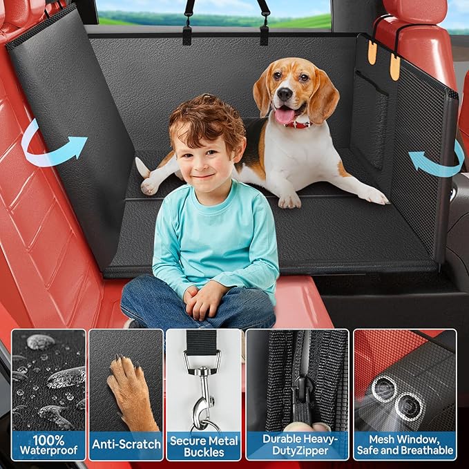 2026 Upgraded Dog Car Seat Cover for Back Seat with Hard Bottom Car Seat Cover for Dogs, Waterproof Pet Seat Protector, Non-Slip Scratch-Resistant Surface, Supports 500lbs, Easy to Clean and Install