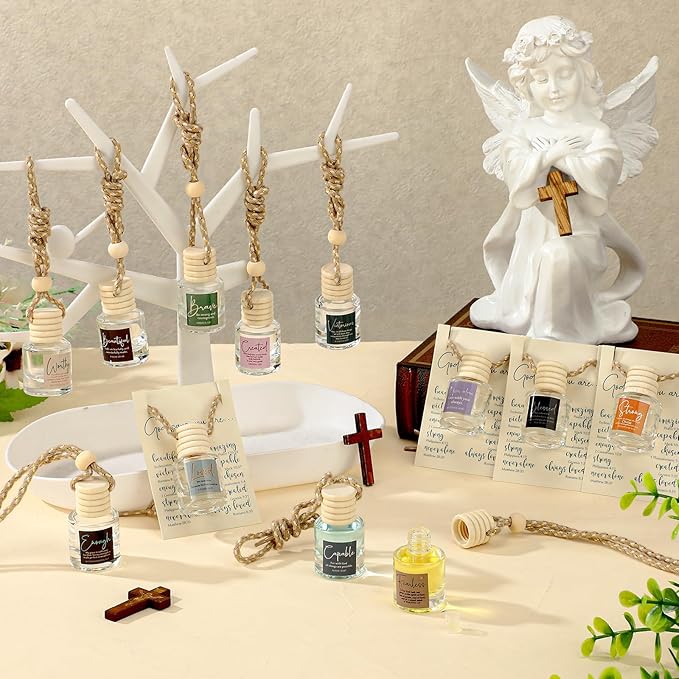 Maxdot 24 Set Christian Easter Gift Bulk Church Empty Hanging Car Air Freshener Diffuser Bottles 8ml for Essential Oils Religious Biblical Gifts for Women Men Employee Church Members