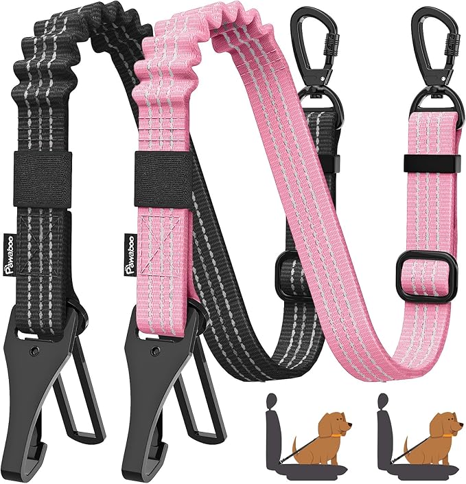Pawaboo 2Pack Dog Seatbelt for Car, 3-in-1 Dog Car Seat Belt, Shockproof Dogs Tether with Buckle & Hook Latch, Adjustable Reflective Dogs Cars Leash with 360° Lockable Buckle, Light Pink + Black