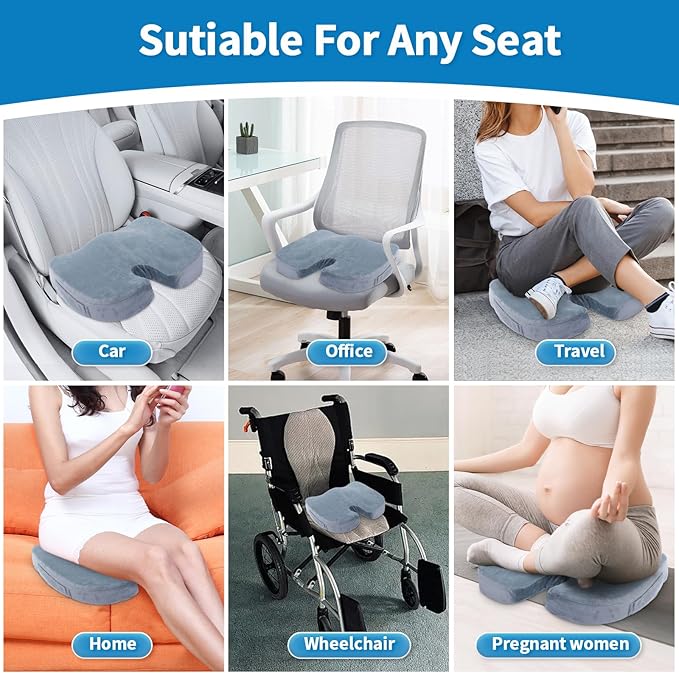 Car Seat Cushion, Memory Foam Cushion Non Slip for Wheelchair, Cars, Desk, Gaming & Office Chairs, Ergonomic Cushions Pad for Tailbone Pain Relief Sciatica & Back Support, Grey