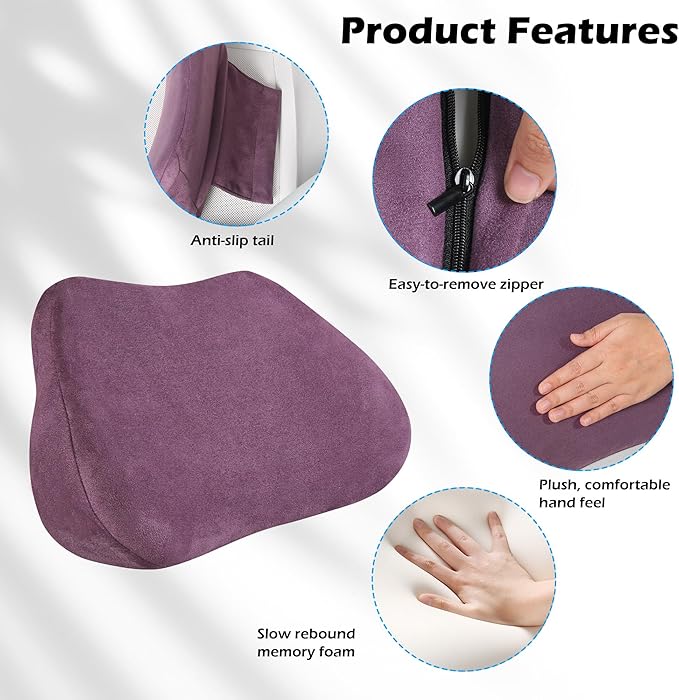 Lumbar Support Pillow for Car, Ergonomic Memory Foam Back Cushion for Driving, Seat Office Chair, Gaming Chair, Lower Back Support for Back Pain Relief, Purple, 2 Pack