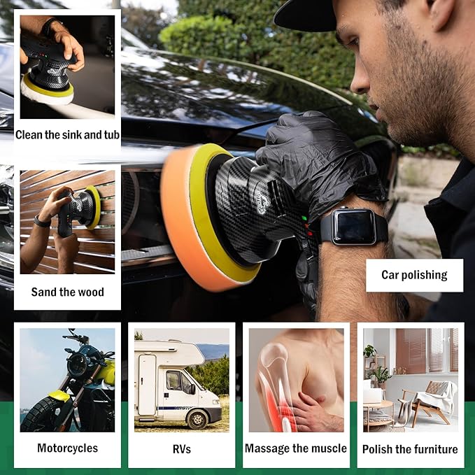 BATOCA 2026S3 Cordless Car Buffer Polisher, 2pcs 2.0Ah 12V Lithium-ion Rechargeable Battery Powered Polisher with 6 Variable Speed, DA Orbital Buffer for Car Detailing, Polishing, Waxing, Carbon Style