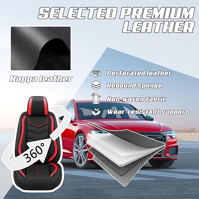 Car Seat Covers Fit for Toyota rav4 2000-2026, Stylish Sport Seat Covers, Waterproof Wear-Resistant Premium Nappa Leather Car Seat Cover.(Full Set/Black Red)