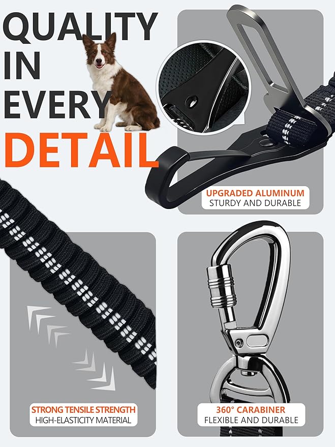 Dog Seat Belt for Car, 3-in-1 Adjustable Dog Seat Belt with Carabiner, Latch & Buckle, Heavy Duty Dog Car Harness Tether with Bungee Buffer, Pet Safety Restraint for Small Medium Large Dogs