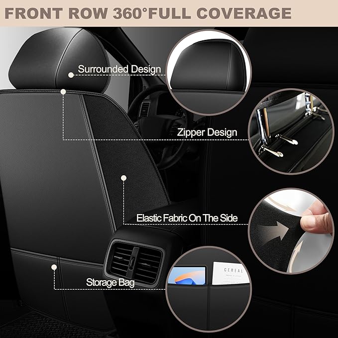 TTX LIGHTING for Jeep Cherokee 2014-2023 Car Seat Covers, Breathable Ice Silk & Leather Seat Protector, Cool & Anti-Sweat for Long Driving, Airbag Compatible, 2 Front Seats (Black)