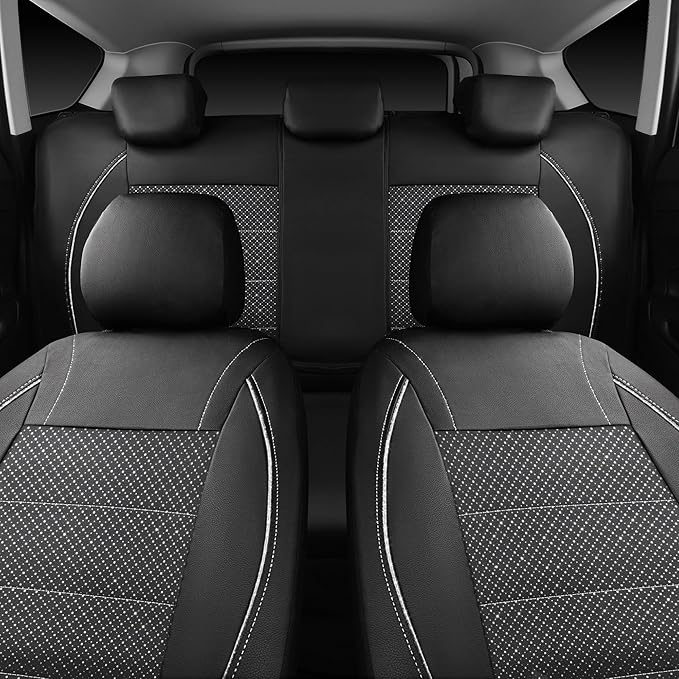 CAR PASS Piping PU Leather Car Seat Cover Full Set, Inside Zipper Design and Reserved Opening Holes, Airbag Compatible,Universal FIT for Car, SUVs,Van,Trucks（Full Set, Black & Silver