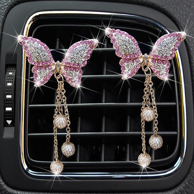 Pink Butterfly Heart Air Vent Clips, 2 Pcs Pink Butterfly Car Air Fresheners Air-conditioning Vents Clips Car Diffuser Diamond Car Interior Decor Charm Cute Car Accessories Decoration for Women