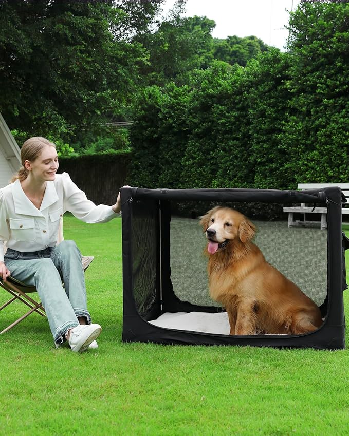 42" L x 31" W x 31" H Collapsible Travel Dog Crate, Quick-Setup Portable Soft Dog Kennel for Large Dogs up to 90 lbs, 4-Door Foldable Travel Crate with Storage Bag, Black