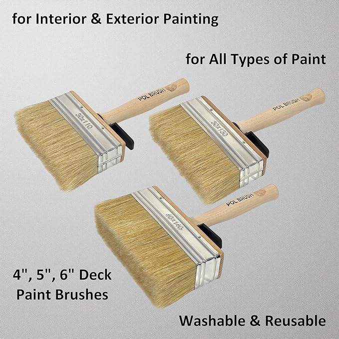 Set of 3 4, 5, 6 Inch Stain Deck Wide & Thick Paint Brushes - High European Quality - Natural Bristles - for Home, Wood, Walls, Art, Trim & Furniture - Acrylic, Oil, Stain, Chalk & Latex Paints