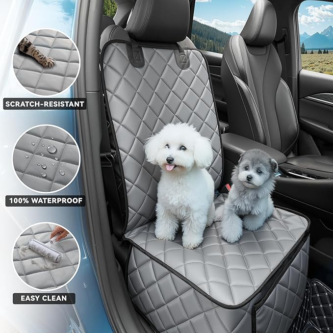 Waterproof Car Front Seat Cover for Dogs, PU Leather Car Seat Protector for Pets,Nonslip Scratchproof Front Passenger seat Covers Fits for Cars, Trucks, SUVs (Grey, Front Seat Cover)