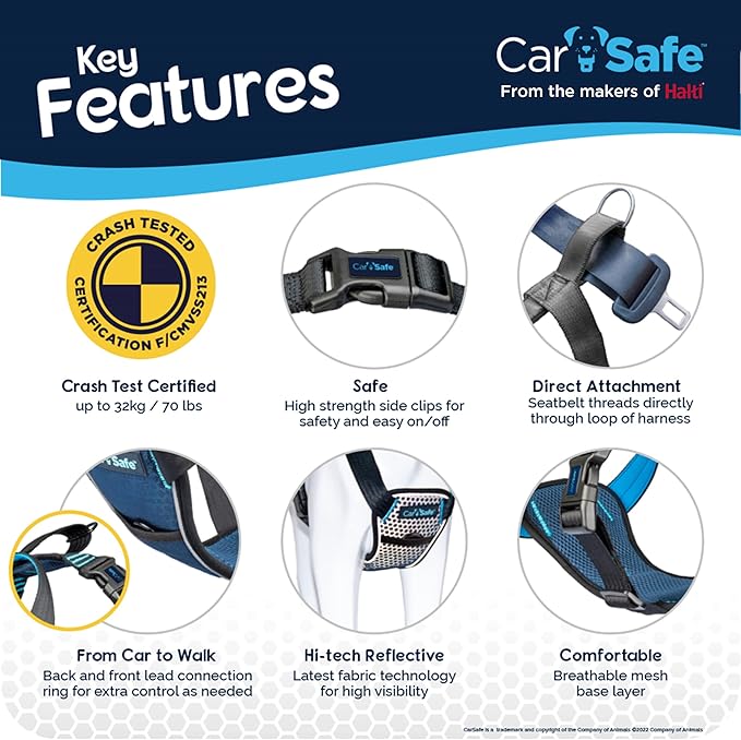 CarSafe Crash Tested Dog Safety Harness - Crash Tested to 32Kg/70lbs, Safely Secure Dog in The Car, Comfortable and Padded Design. for Toy, Small, Medium and Large Dogs (Size Small)