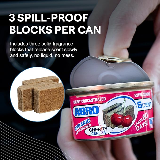 ABRO Scent 3-Pack Organic Air Freshener Can, Cherry Scent, 3 Spill Proof Blocks per Can, Ideal for Car Scents, New Car Smell, Lasts Up to 60 Days, Use in Home, Bathroom, Car or Office