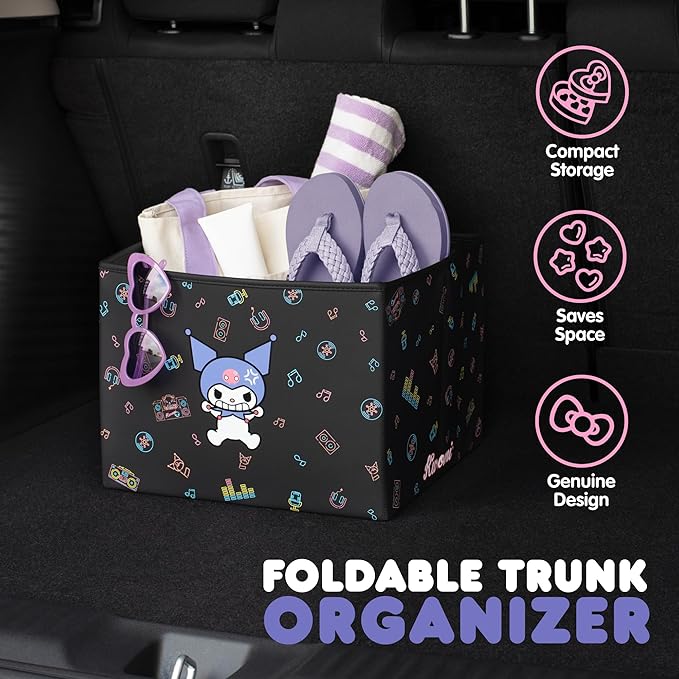 Sanrio Kuromi Car Trunk Organizer and Storage Bin - Collapsible Simple Compartment Convenient Heavy Duty, Fold Up for Easy Storage Box, Automotive Seat Cargo for Groceries Tools - 12.5L x 12.5W x 9H