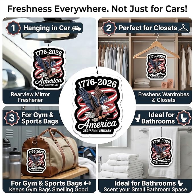 9Pcs USA 250th Anniversary Car Air Freshener, 1776-2026 Semiquincentennial Commemorative Hanging Ornament, Patriotic Double-Sided Scented Tablet, 2026 Independence Day Souvenir Gifts (Style 4)