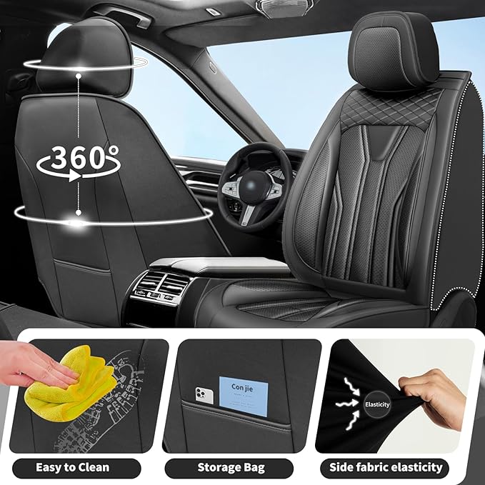 Fit Leaf Car Seat Covers Compatible with Nissan Leaf 2012-2025 2026 - Premium Leather， Waterproof Breathable， All-Weather Seat Cushion Protecto&Airbag Compatible (2 Front Seat All Black)