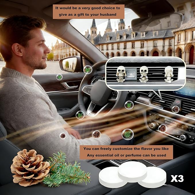 Skull Car Air Freshener Vent Clips with 3 Felt Pads - Gothic Horror Scented Decor for Car Interior, Cool Halloween Skull Accessories for Men and Women, Funny Spooky Gift for Teens-A1