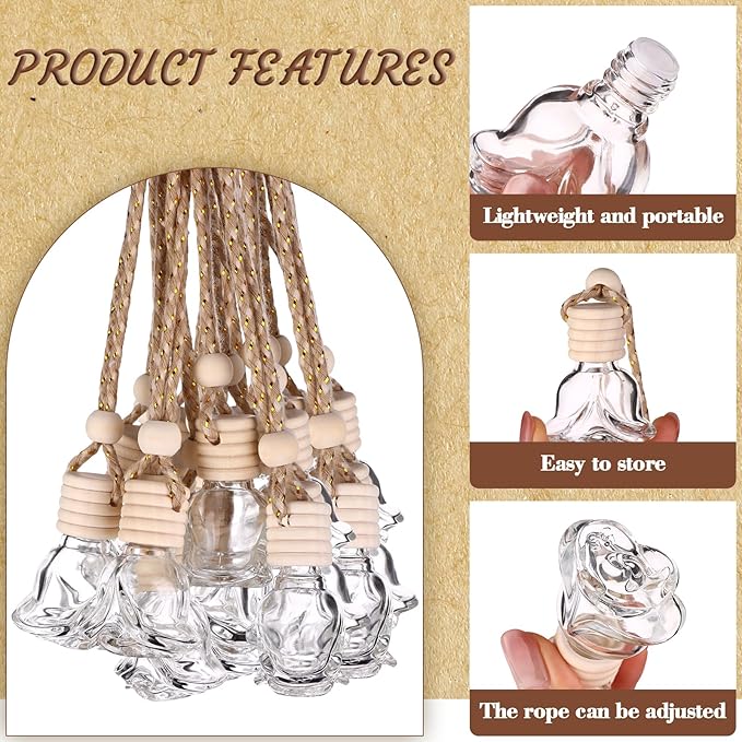50 Pcs 8ml Hanging Car Air Freshener Diffuser Empty Clear Glass Essential Diffuser Oil Aromatherapy Fragrance Perfume Pendant Rose Shape with Wooden Cap Hanging String Car Diffuser Bottle