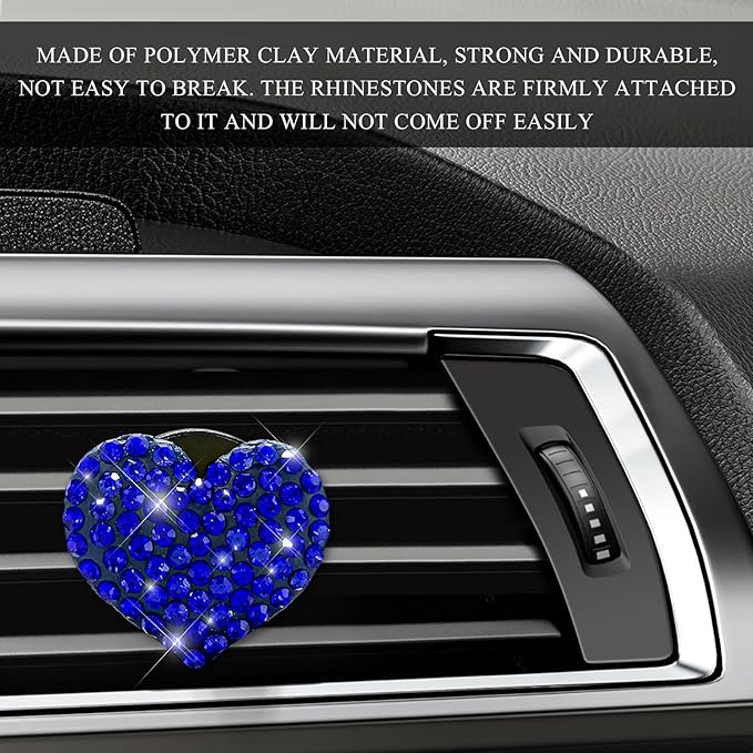 2 PCS Bling Car Air Vent Clip, Crystal Heart Car Air Fresheners Diffuser Vent Clip, Rhinestone Air Conditioning Outlet Clip For Women Girls, Interior Decor Car Accessories (Heart, Blue)