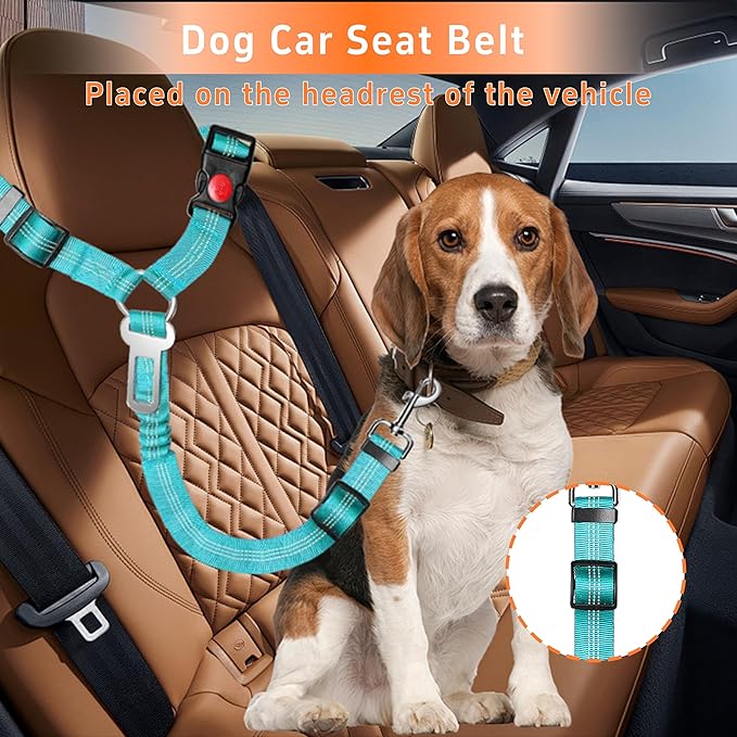 3-Piece Dog Car Harness Set - Retractable, Adjustable, Reflective Dog Seatbelt for Vehicle Headrests, Heavy Duty, High Elastics, Sky Blue