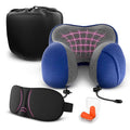 Neck Pillow for Plane Travel – 4-in-1 Kit | Adjustable Blue Memory Foam Neck Support Pillow, Eye Mask, Earplugs, & Cover | Cozy, Washable Cotton Cover with Secure Buttons – Comfort Traveling