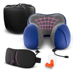 Neck Pillow for Plane Travel – 4-in-1 Kit | Adjustable Blue Memory Foam Neck Support Pillow, Eye Mask, Earplugs, & Cover | Cozy, Washable Cotton Cover with Secure Buttons – Comfort Traveling