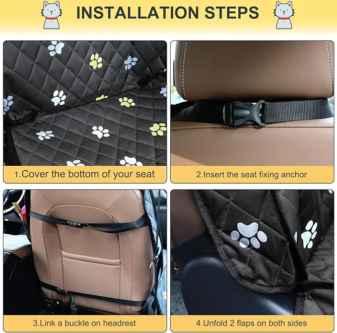 Riakrum Front Seat Dog Cover for Cars Trucks SUV Waterproof Scratchproof Nonslip Full Protection Pet Dog Car Seat Covers Cute Paw Print Front Passenger Chair Protector for Travel Bed Safety(Black)