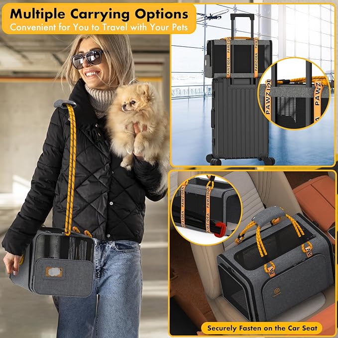 PAWZIDEA Expandable Pet Carrier Airline Approved, 18"×11"×11" Small Dog Carriers, Collapsible Top-Load Cat Carrier for 2 Cats Under Seat, Soft-Sided Puppy & Animal Travel Bag, ID Card, Up to 15lbs