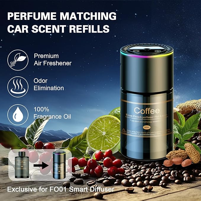 Smart Car Air Freshener Diffuser - 270-Day Long-Lasting Essential Oil (6.09oz/180ml), Auto On/Off Sensor, Ultrasonic Dual Modes, Multi-Mode Adjustable, Natural French Fragrance Oils, Coffee ﻿