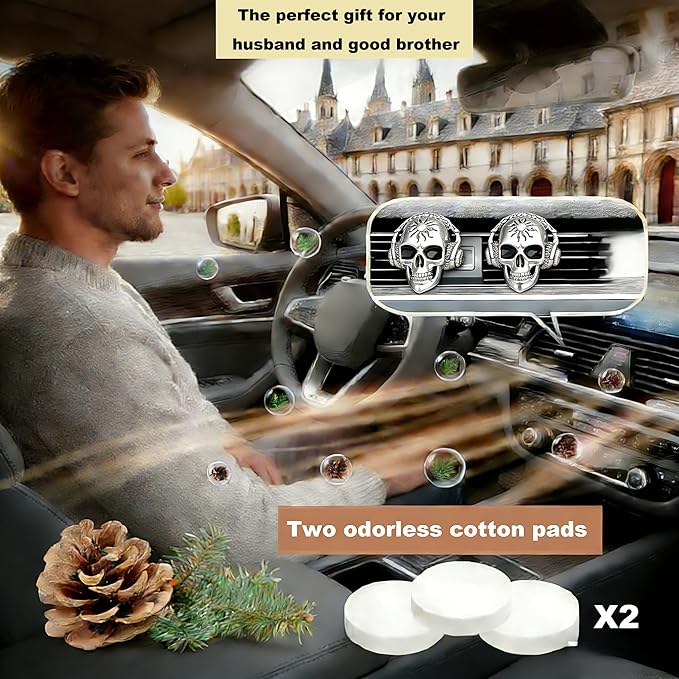 Gothic Skull Car Air Freshener Vent Clips with 2 Pads, Halloween Scented Car Accessories for Men Women, Automotive Interior Decor and Cool Car Fresheners for Men， Spooky Gift Idea-A8