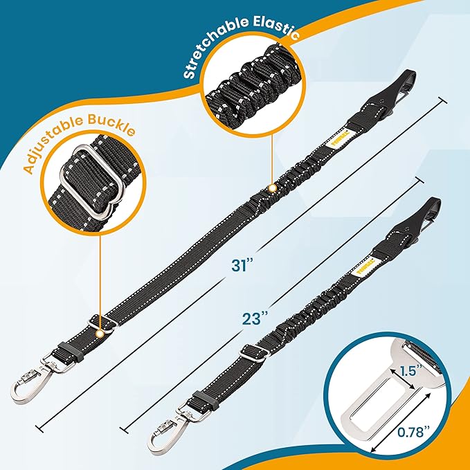 Pawbee 3-in-1 Safety Dog Seat Belt for Cars, Adjustable, Elastic Bungee Harness with Easy Clip for Medium to Large Dogs, 2 Pack