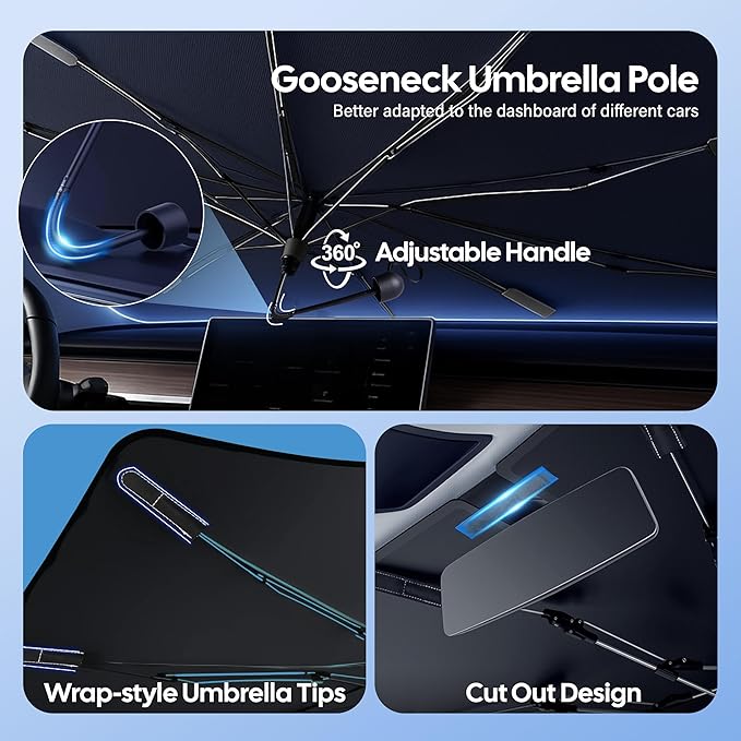 Econour Windshield Sun Shade Umbrella for Car | Medium Foldable Car Sunshade | UV & Heat Protection Front Window Sun Shield, Keeps Interior Cool, Fits Sedans SUVs & Trucks (57” x 33”)