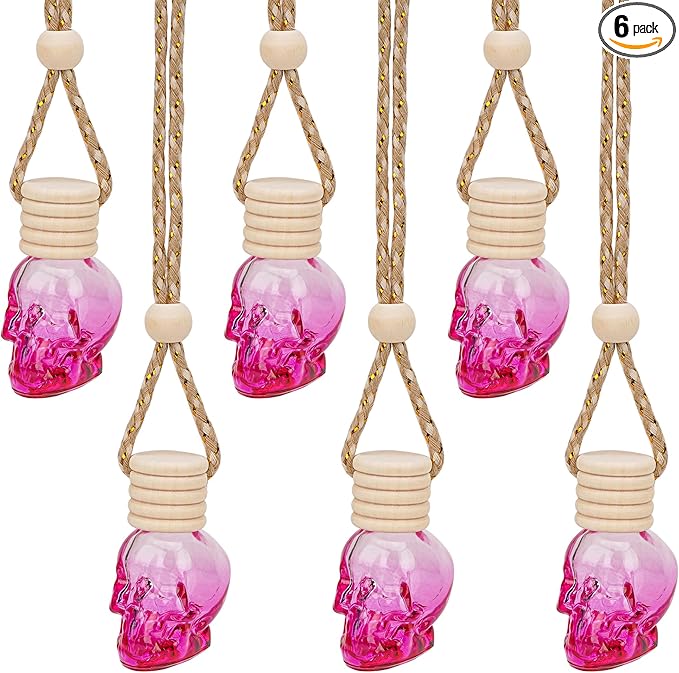 Skull Car Air Freshener, Hanging Refillable Diffuser Bottles for Essential Oils, Perfume Pendant for Auto Interior Decor & Aromatherapy (6Pcs Rose Red)