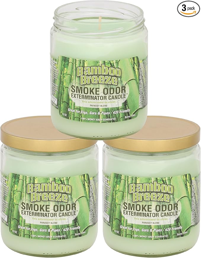 Smoke Odor Exterminator 13 oz Jar Candles Bamboo Breeze, (3) Set of Three Candles.