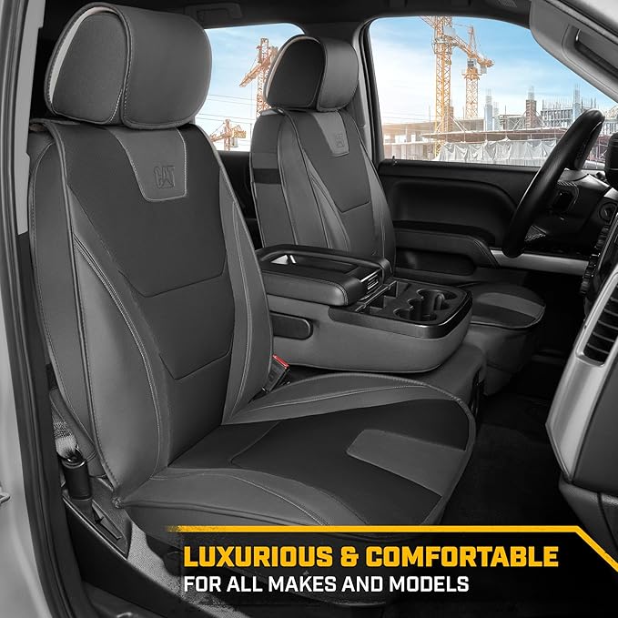 Cat® Edge Deluxe Faux Leather Car Seat Covers – Full Set (2 Front + 1 Rear Bench) – Semi-Custom Universal Fit, Two-Tone Black – Rugged Automotive Interior Covers for Cars, Trucks & SUVs