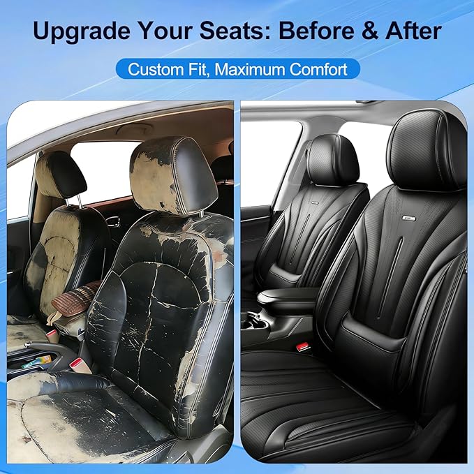Fit Civic Car Seat Covers (Front Pair) for Select Honda Civic 2020-2026 Sedan (Not for Coupe), Full Coverage Leather, Waterproof All-Weather Breathable Seat Cushion Protector, Black & Red Trim