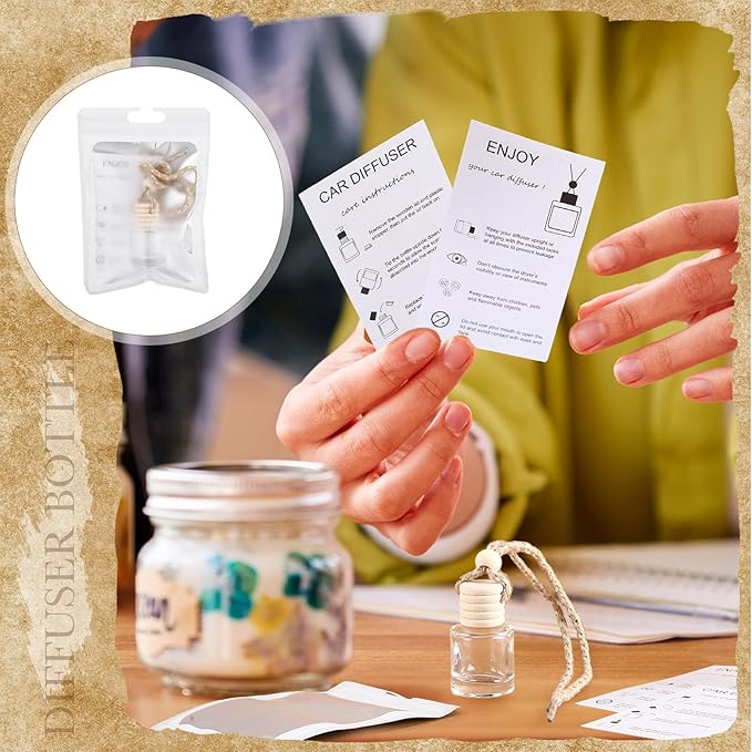 Boao 150 Sets Hanging Car Air Freshener Diffuser Bottles with Instruction Card and 4 x 6'' Resealable Holographic Bag for Empty Car Essential Oil Perfume Bottles Packaging (Cylinder)