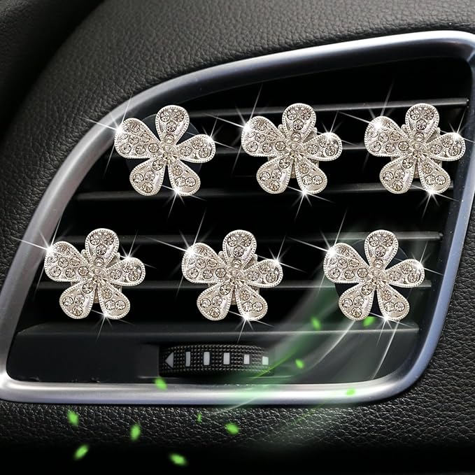 6 Pcs Silvery White Daisy Car Decoration Bling Flower Air Vent Clip Air Conditioning Outlet Clip Air Freshener Clip Car With Rhinestone Interior Decor Charm Interior Accessories for Girls Women