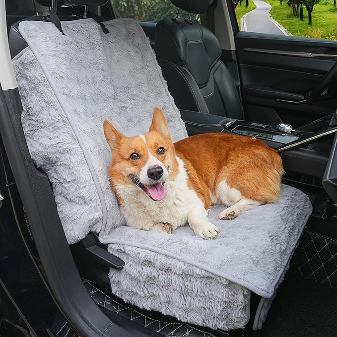 Dog Car Seat Cover for Back Seat & Front Seat, Plush Faux Fur Pet Car Seat Protector with Waterproof Layer, Non-Slip Bottom, Side Flaps, Machine Washable (Front Seat Gray)